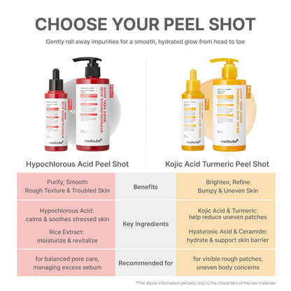 [Medicube] Kojic Acid Turmeric Peel Shot Duo for Face & Body | Brightening Reset Gentle Exfoliating Serum with BHA, LHA & PHA for Dead Skin Cells, Blackheads & Excess Sebum | for Dull, Rough & Troubled Skin
